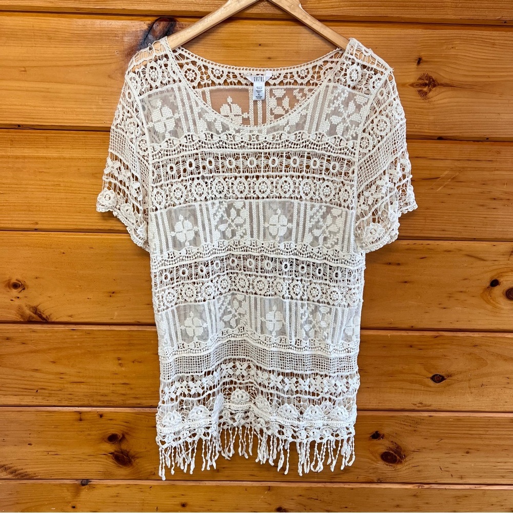 Kaktus Crochet Fringe Women Cream Sheer Lace Boho Festival Cottage Mini Dress XL